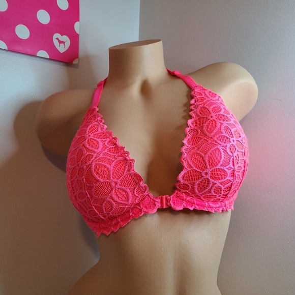 Y2K VS PINK Date Lace Front Close Racerback Push-up Bra Doze 36D Pink - Picture 1 of 7